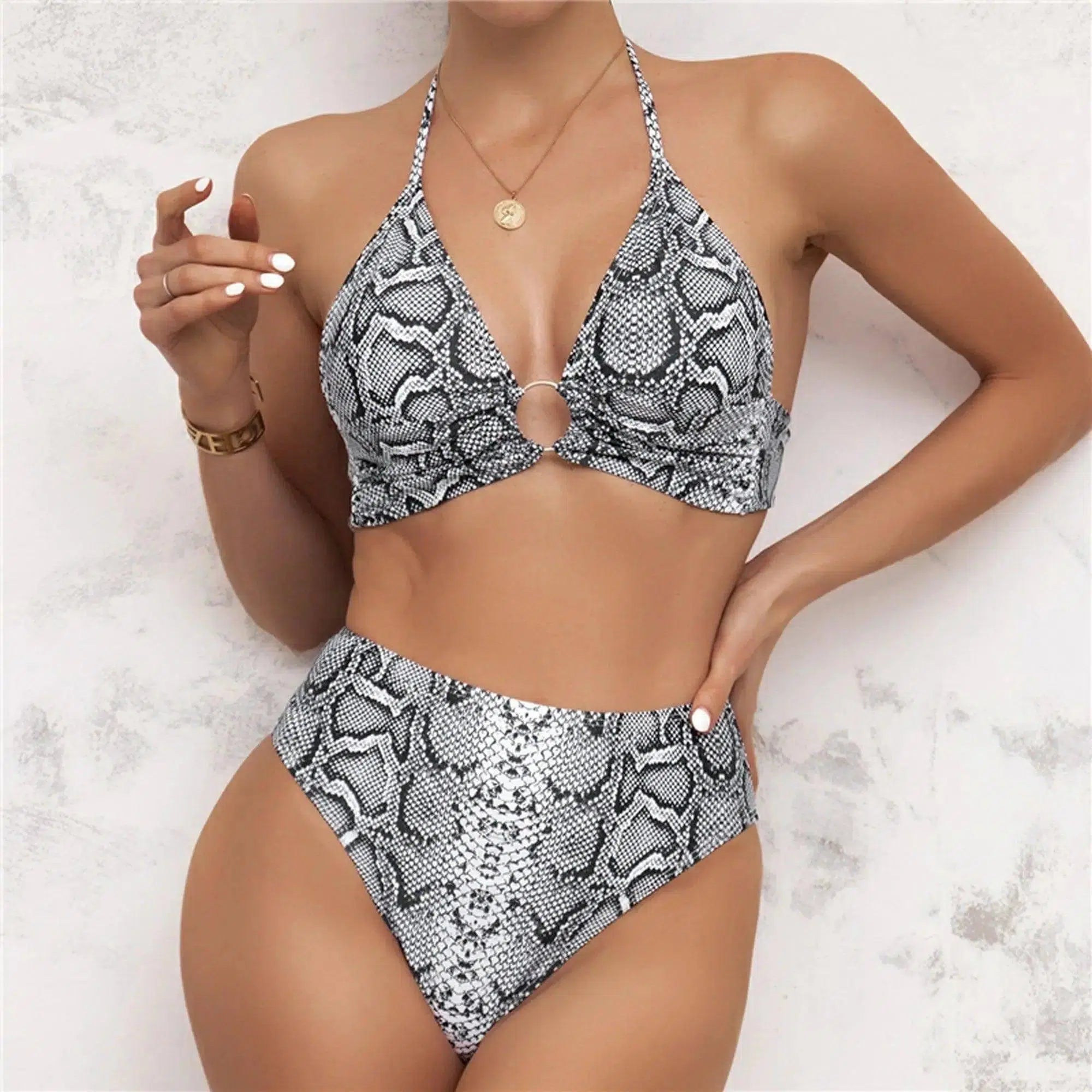 Split High Waist Snake Sexy Bikini Swimsuit-S-1