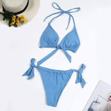 Split Swimsuit Women Multicolor Bikini Halter Neck Tie Big-Blue-6