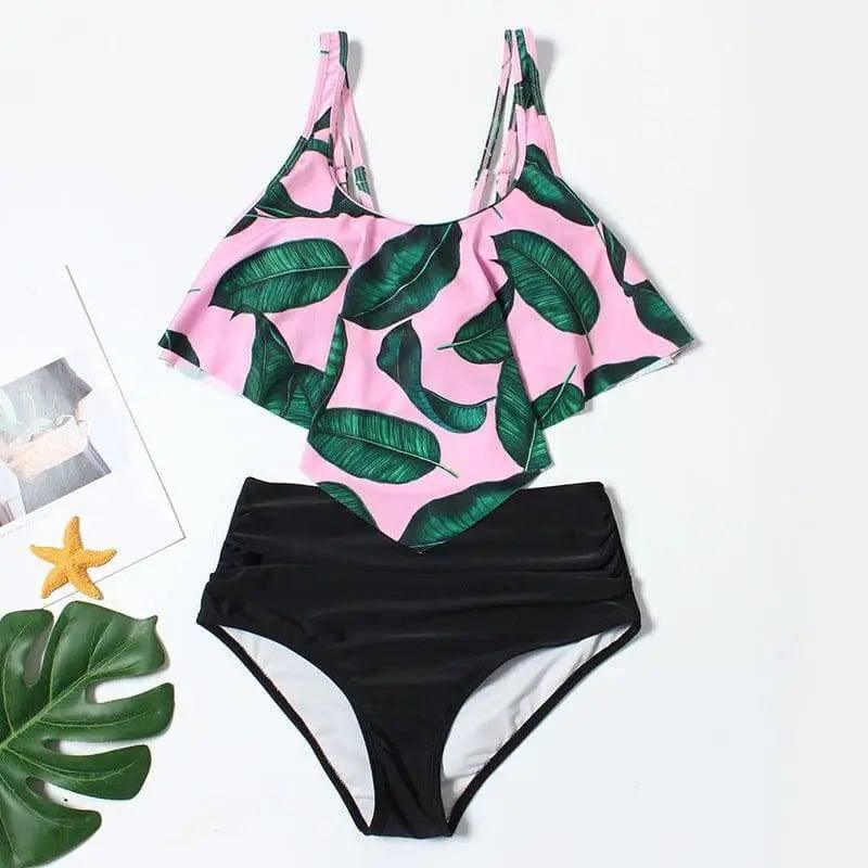 Split Swimsuit Women Printed High-Waist Bikini Ruffled-Pinkgreen-2