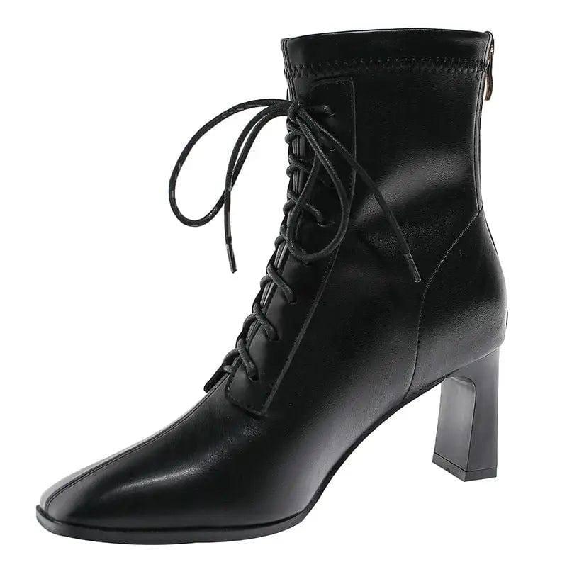 Square Toe High Heel Boots PU Leather Women Ankle Boots-3