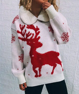 Stitched Lapel Long-sleeved Christmas Themed Sweater-Beige-2