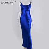 Strap Backless Summer Dress Women Satin Lace Up-blue-8