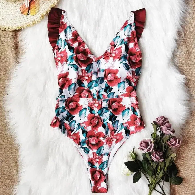 Strap ruffled printed one-piece swimsuit-1