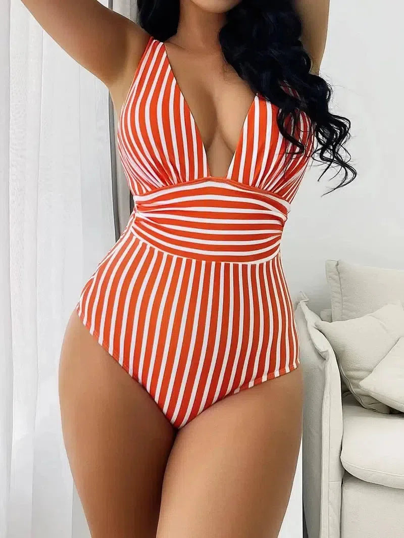 Striped One Piece Swimsuit Vintage Swimwear Women V-neck-Red-7