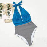 Striped Bikini With Backless European And American-Blue-2