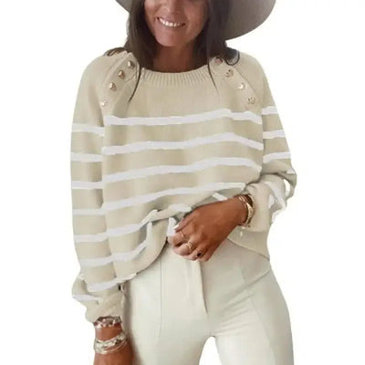 Striped Sweater Pullover Shoulder Button Sweater Women-Khaki-2