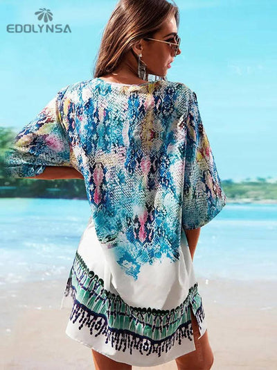 New Arrivals Beach Caftan Swimsuit Cover up Print Chiffon Pareo Women Robe Plage Swimwear Dress Sarong Beach Tunic-3