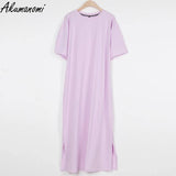 Oversized Long Summer Plus Size Women Slit Dresses 6xl 7xl 8xl 9xl 10xl Cotton Loose Casual Maxi Harajuku Za Boho Dress Black-4