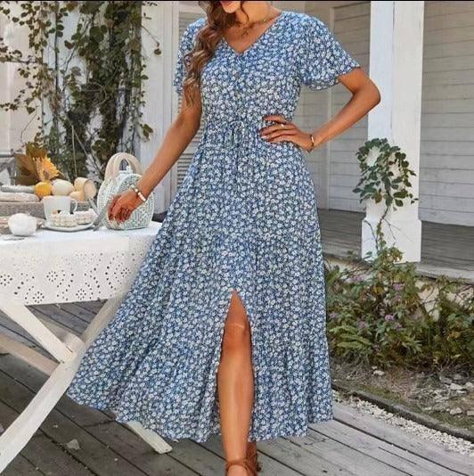 Summer drawstring slit holiday dress long dress-blue-4