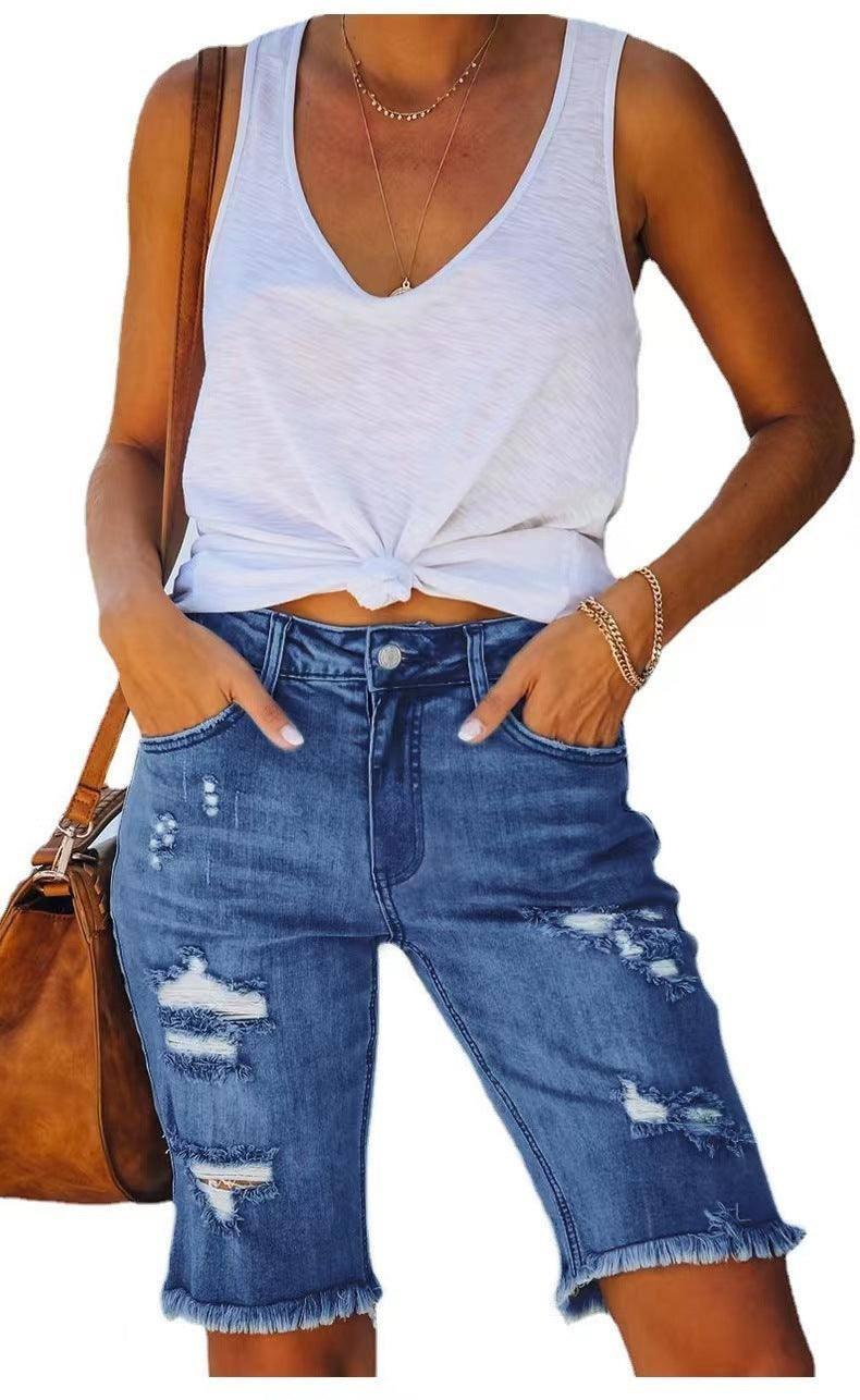 Summer Mid-waist Slim-fit Cropped Pants Ripped Tassel Jeans Dark Blue / 2XL-2