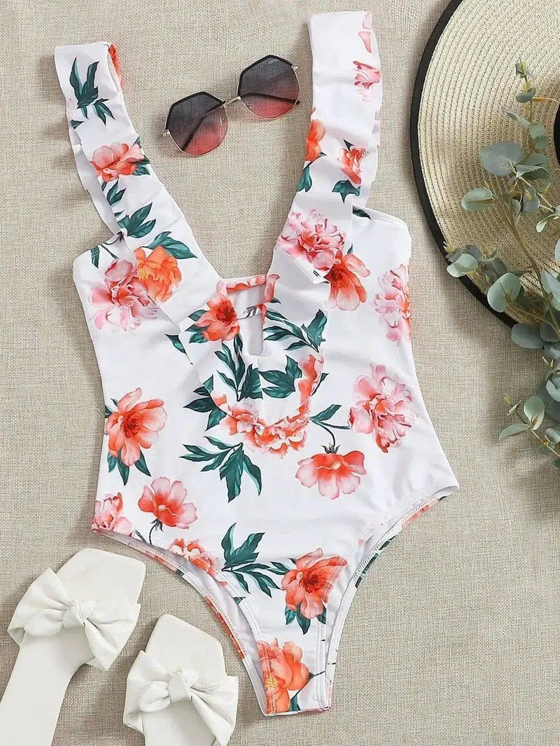 Summer Printed Bikini Small Fresh Fringed One-Piece-White-2