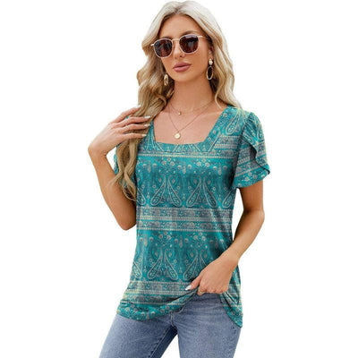 Summer Top Fashion Square Neck Printed Short-sleeved T-shirt With Petal Sleeve Design Bohemian Beach Loose T-shirt For Womens Clothing-Blue Flower-15