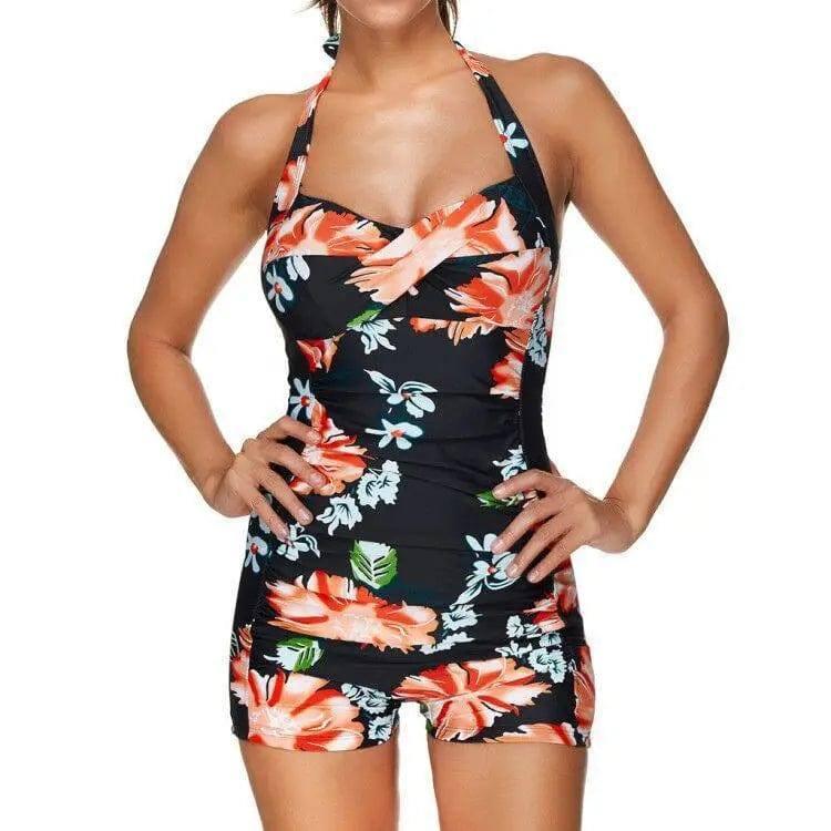 Summer Women's V Neck One Piece Pleated Swimsuit-2