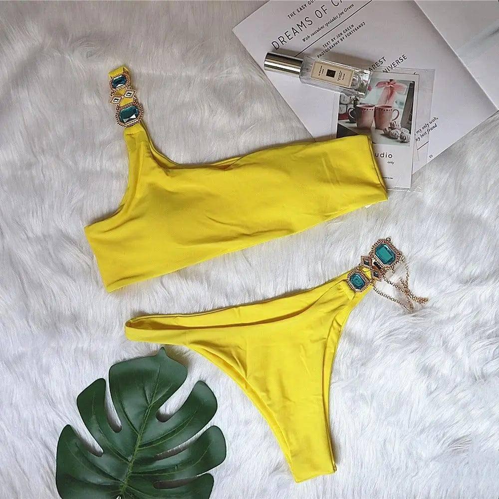 Swimsuit Luxury Crystal Diamond Chain Women's Split-Yellow-7