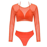 Three-piece Solid See-through Bikini-Orange-3