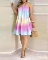 Tropical Print Halter Neck Dress, Vacation Style Backless-Pink-8