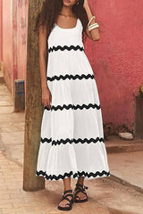 U-neck Wavy Print Long Dress Sleeveless Solid Color A-line-5