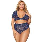 Underwear Lingerie Set Short Sleeve Bralette Encaje Mujer-Blue-4