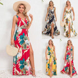 V-neck Floral Print Long Dress Summer Fashion Waist Tie Slit Design Sleeveless Dress For Womens Clothing-1