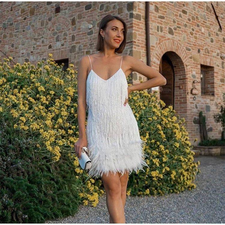 V-neck Strap Feather Stitching Dress-4