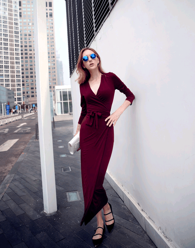 V-neck Tie Waist Slim Slimming Dress-4