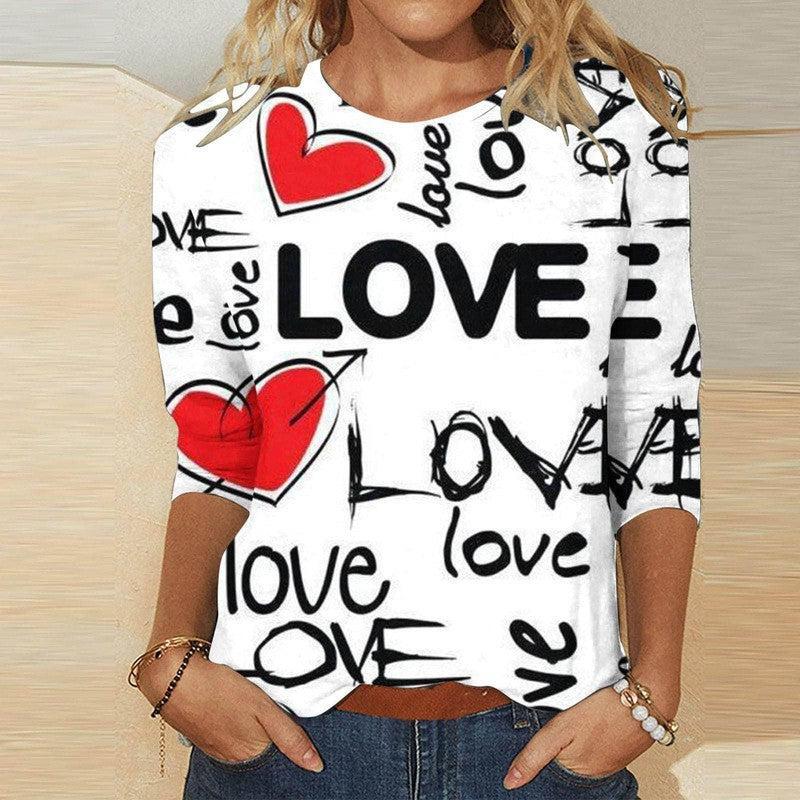 Valentine's Day Female With Hearts Printing Crew Neck T-shirt Top-RQ4127514-1