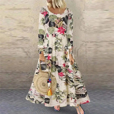 Vintage Floral Print Long Sleeve Crew Neck Dress-Black-3