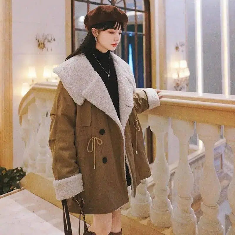 Winter Mid-length Lamb Wool Coat With Large Lapel-Khaki-2