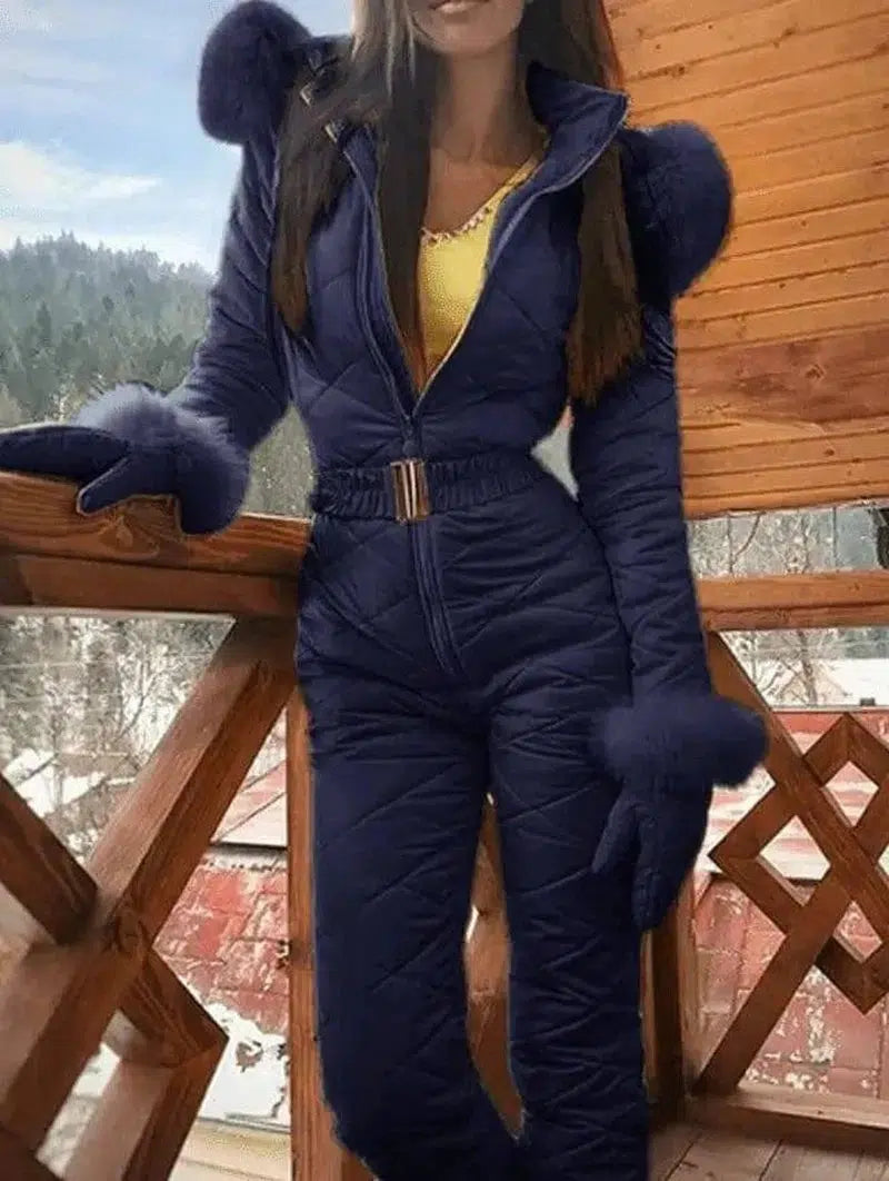 Winter Outdoor Body Hoodie Ski Suit Coat Women-Navy Blue-2