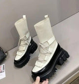 Women Fashion Short Tube Strap Elastic Ankle Boots-White-1