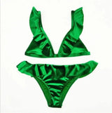 Women Ice Velvet Ruffle Bikini Sets Band-Green-3