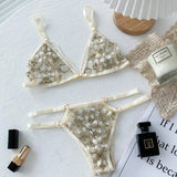 Women Lace Bra Sets Seamless Underwear Backless Vest-Beige-14