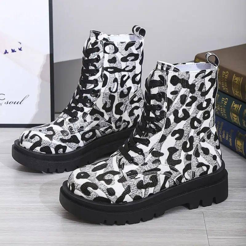 Women Martin Boots Black White Leopard Print Low Heel Shoes-8