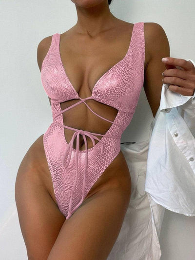 Women's Bikini One Piece Swimsuit Strappy Lace Up Swimwear-Pink-10