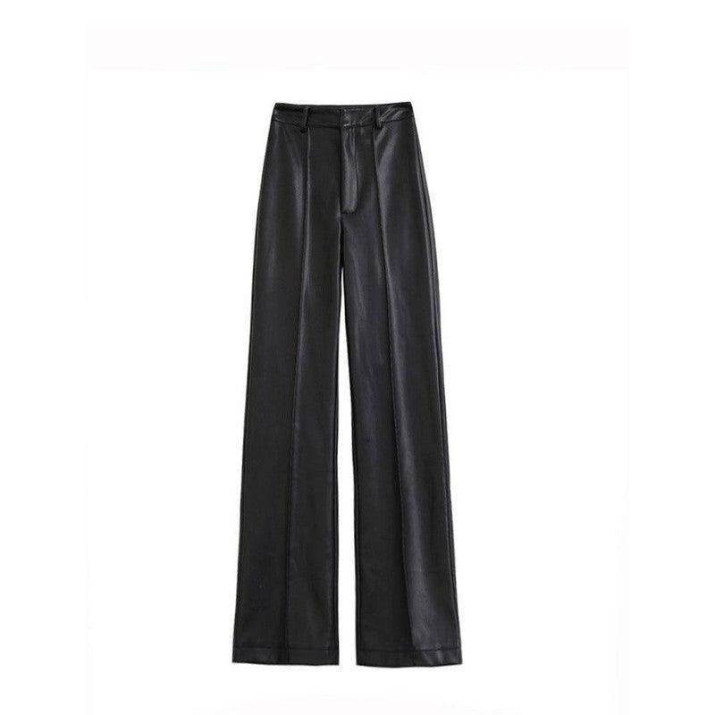 Women's Black Straight Waist Wide Leg Trawl Wild Cat Casual-4