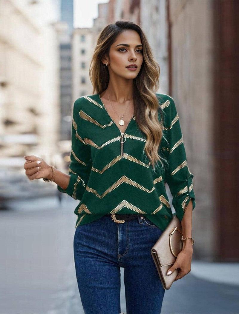 Women's Casual Long-sleeved V-neck Striped Shirt-Dark Green-6