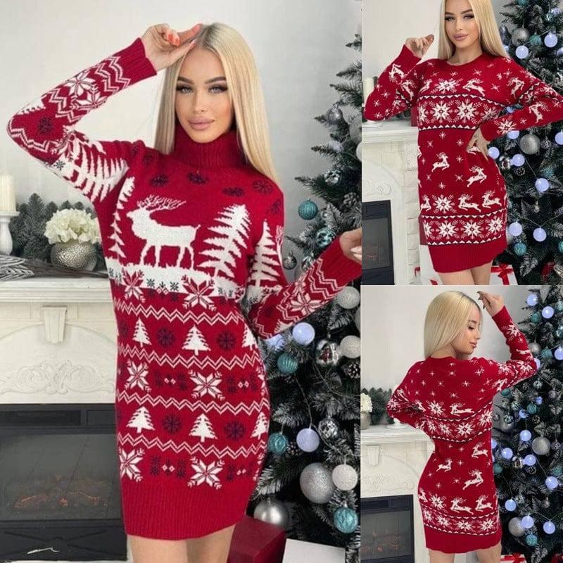 Women's Elk Christmas Tree Jacquard Long Sleeve Dress-5