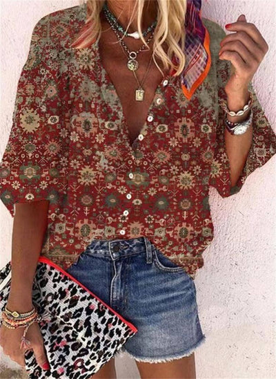 Women's Fashion Stand Collar Loose Button Vintage Printed Casual Shirt-3