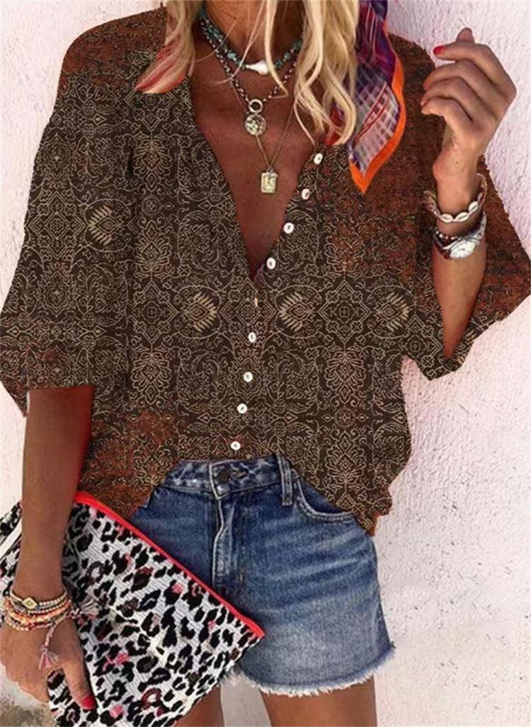 Women's Fashion Stand Collar Loose Button Vintage Printed Casual Shirt-4