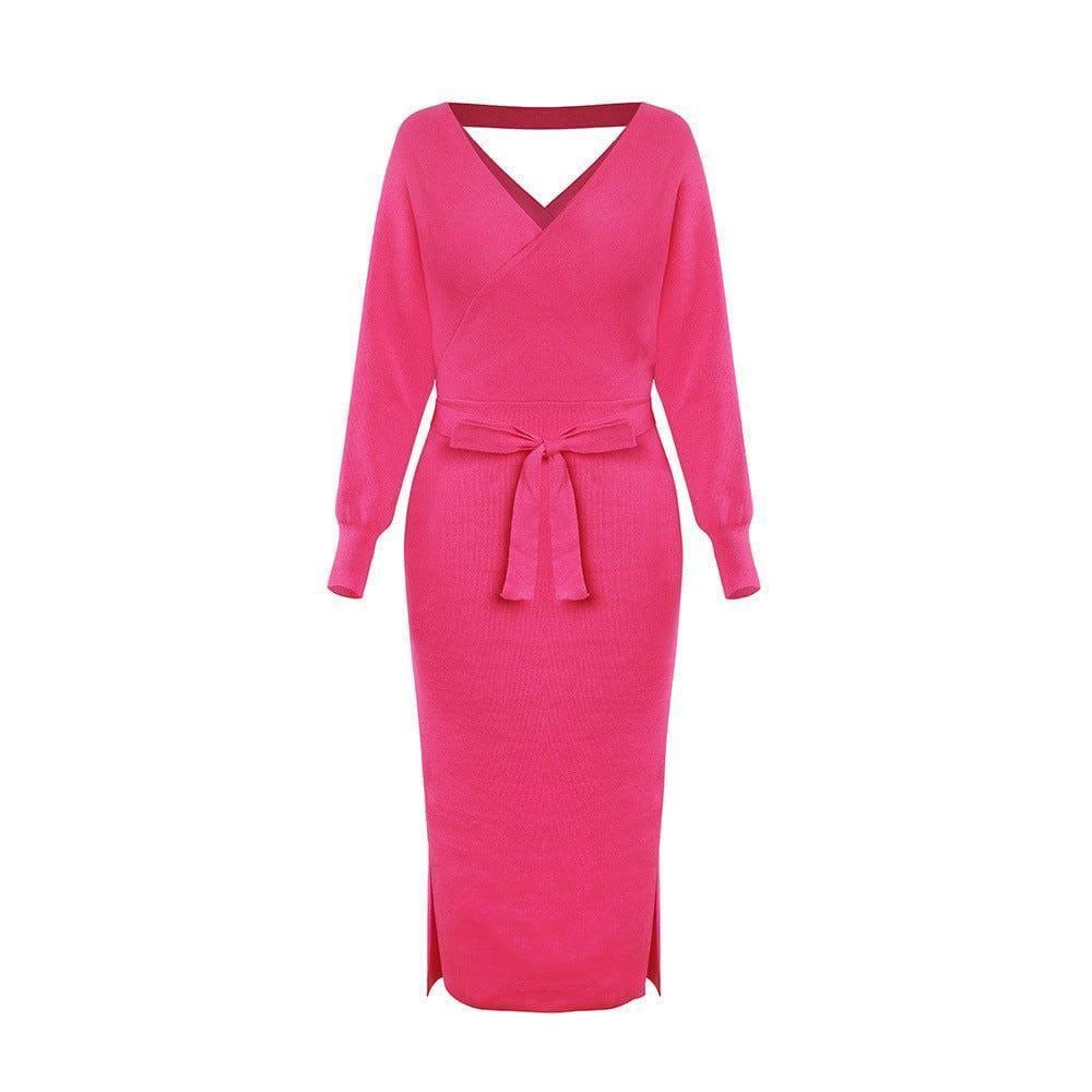 Women's Knitted Dress Slim V-neck-Pink-7