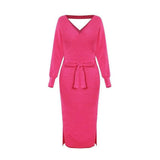 Women's Knitted Dress Slim V-neck-Pink-7