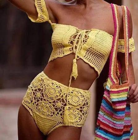 Women's knitted hollow swimsuit-Yellow-4