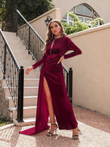 Women's Korean Velvet High Neck Evening Dress-Wine Red-7