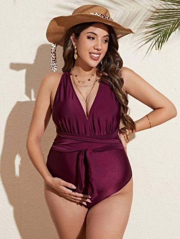 Women's Multicolor One-piece Swimwear For Pregnant Women-Dark Red-8