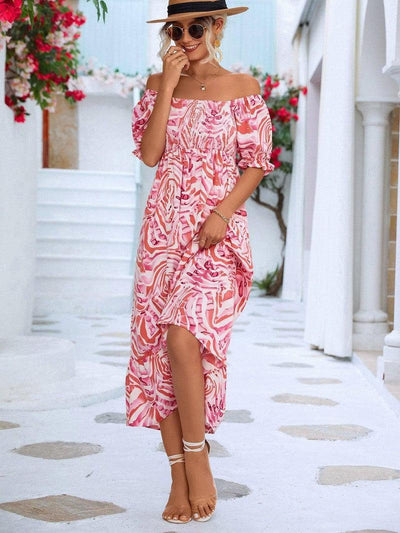 Women's Off-shoulder Smocking Printed Dress-Pink-3