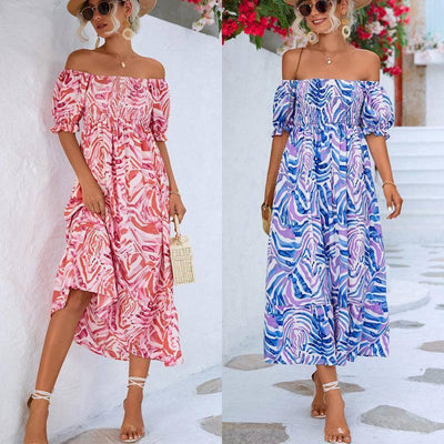 Women's Off-shoulder Smocking Printed Dress-4