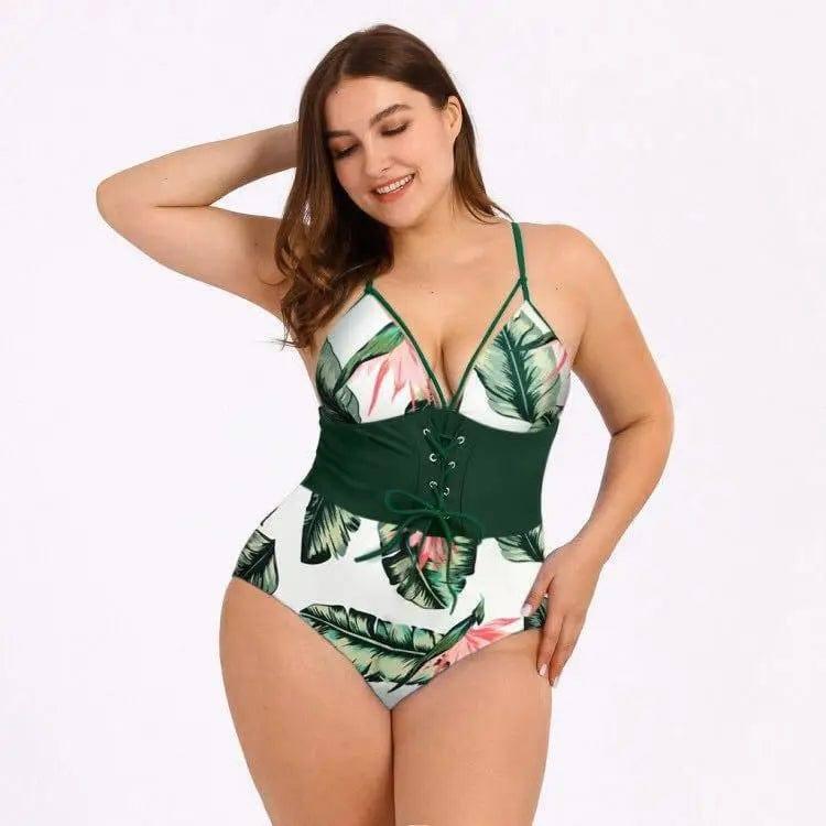 Women's Plus Size Bikini Printed Bouquet Waist-Greenleaft-4