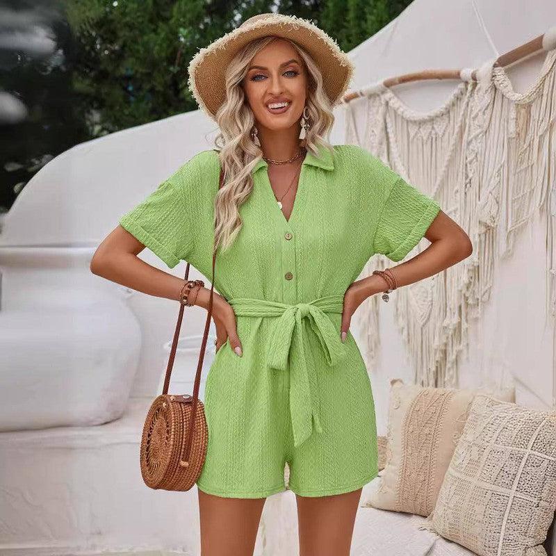 Women's Short-sleeved Shorts Jumpsuit Lace-up Turn-down-2