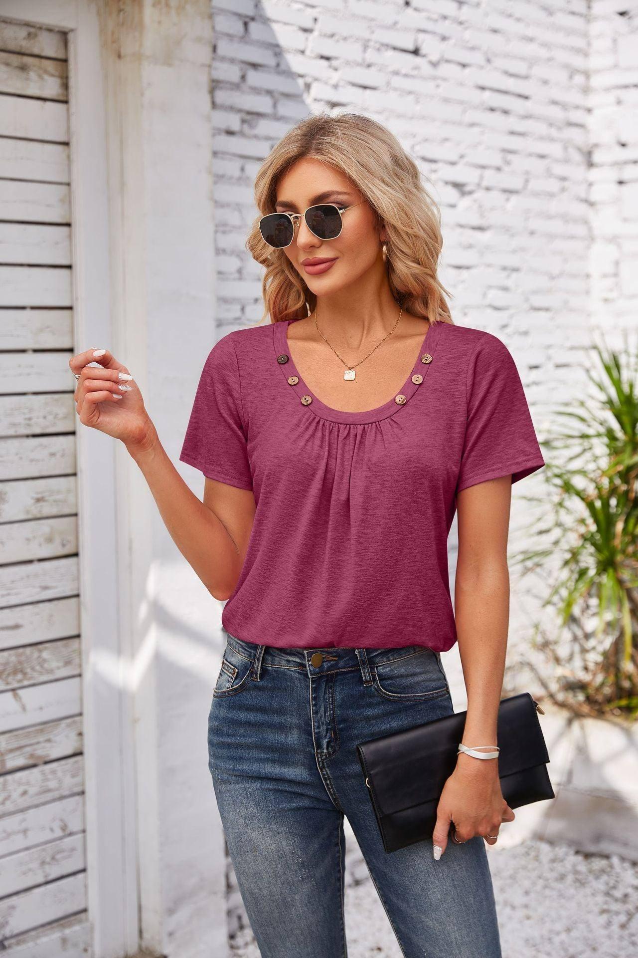 Women's Short-sleeved T-shirt Summer Button Square Collar-Purple Red-4