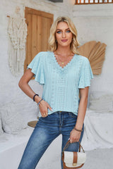 Women's Spring And Summer Lace Ruffle Sleeve Solid Color-Blue-7